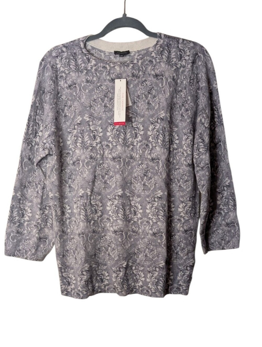 NWT Talbots 100% Cashmere Sweater Gray White Damask Scroll Print Crewneck XL